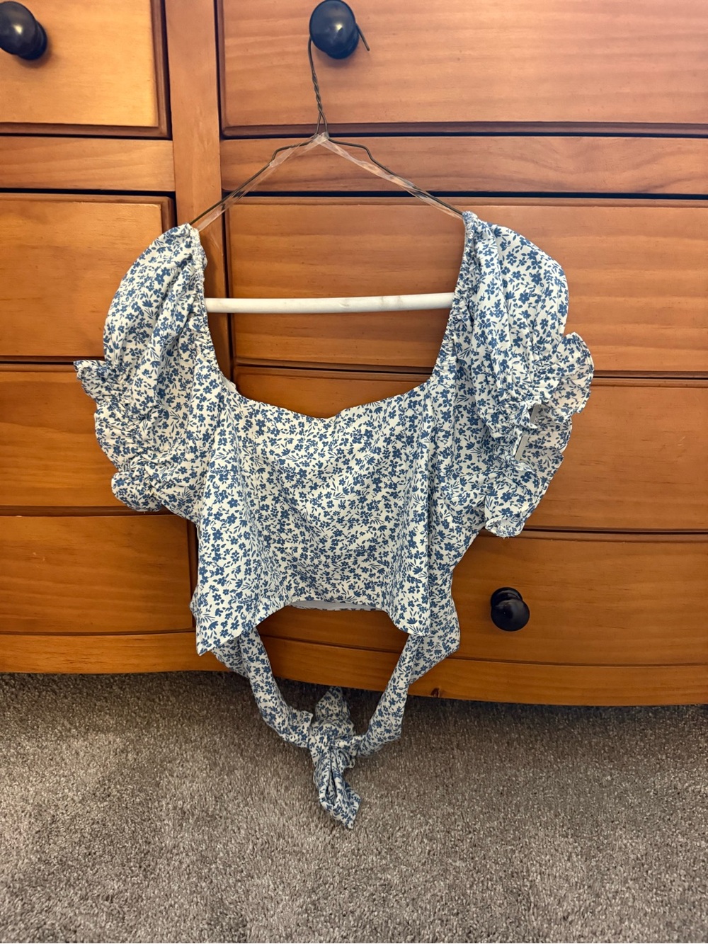 Altar'd State White and Blue Floral Puff-Sleeve Crop Top - Picture 3 of 6